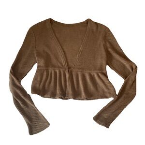 Brown Ribbed V-Neck Women's Top